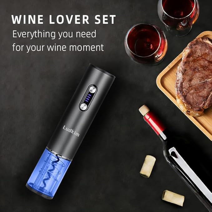 Electric Wine Opener Set, Rechargeable 4-in-1 Corkscrew Luxury Gift Box with Charging Vacuum Stopper, Aerator Pourer & Foil Cutter,Cordless Metal Automatic Bottle Opener Kit for Men & Women