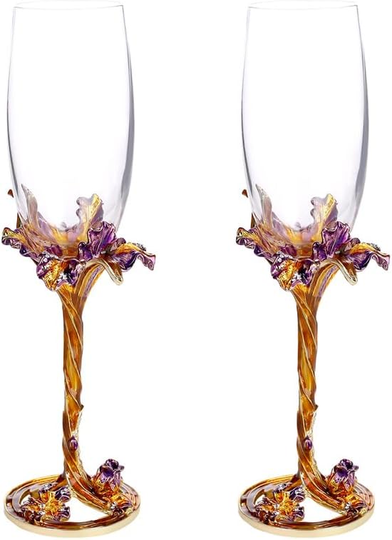 SUQ I OME Enamel Wine Crystal Champagne Flutes Glasses Set of 2, Decorative Enamel Champagne Glasses, Gifts for Brides and Grooms, Wedding, Valentine, Anniversary, Birthday