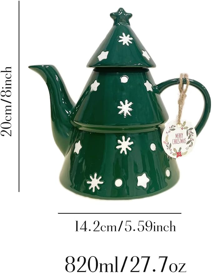Domini Christmas Tree 28oz Teapot- Earthenware, Festive Holiday Serveware, Brewing Warm Winter Drinks - Beautiful Addition To Your Festive Table