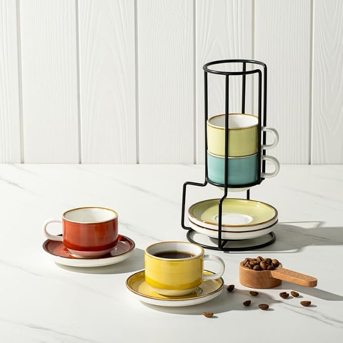 ONEMORE 2.5 Oz Espresso Cups Set of 4, Stackable Porcelain Coffee Cups with Saucers and Metal Stand, Demitasse Mugs for Espresso, Cappuccino, Latte, Microwave & Dishwasher Safe