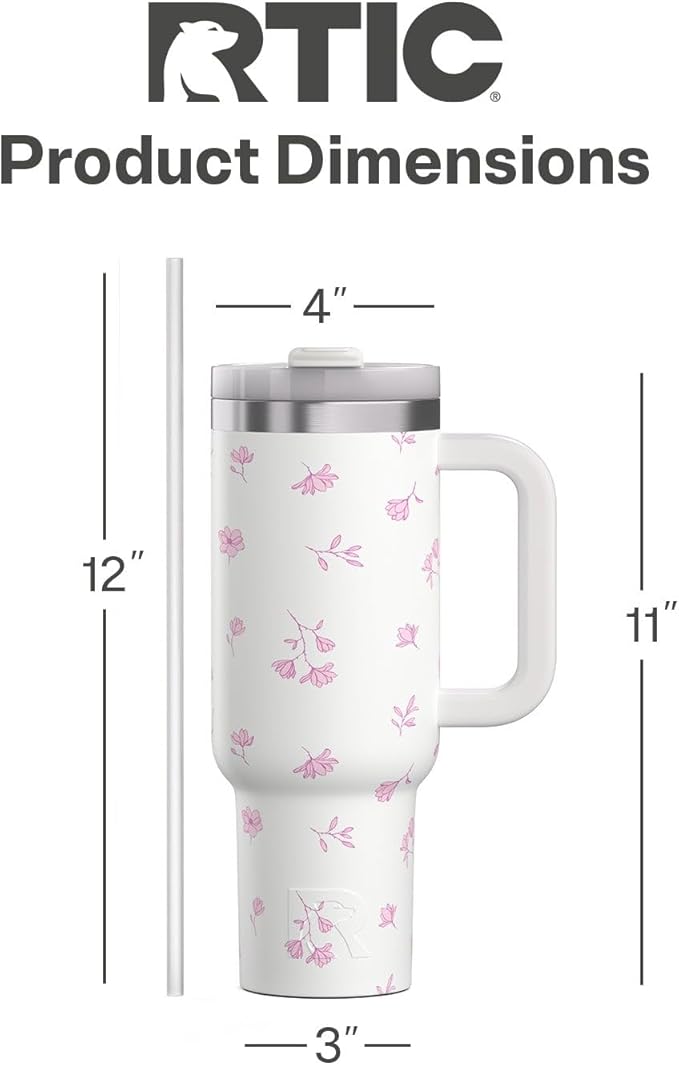 RTIC 40 oz Road Trip Tumbler Double-Walled Cermaic Lined Insulated Stainless Steel Portable Travel Coffee Mug Cup with Lid, Handle and Straw, Pink Magnolias
