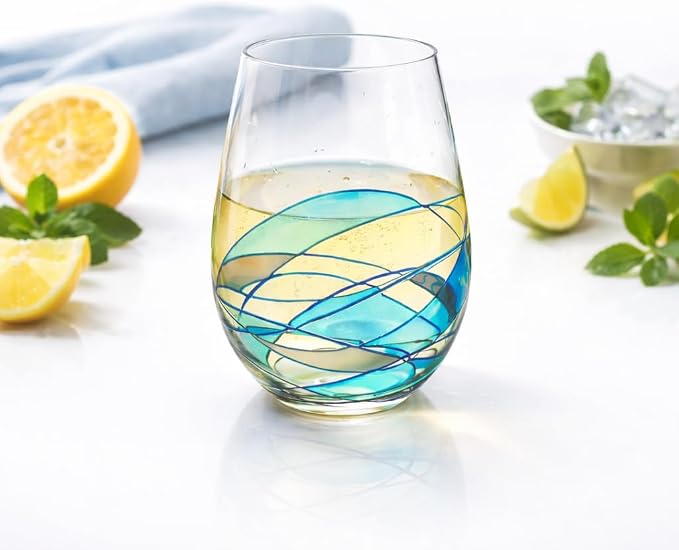 Victoria Barcelona Stemless Wine Glasses Set 2 17Oz Hand Painted Stained Turquoise Sea Unique Gift Anniversary Wedding Birthday Murano Inspired Antoni Gaudi Cornet