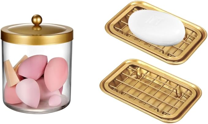 SheeChung 1 Pack Apothecary Jar 50 Ounce Large Clear Plastic Container Canister and 2 Pack Bathroom Soap Dishes Tray with Drain Metal Sponges Scrubber Holder Bar Soap Dispenser Saver