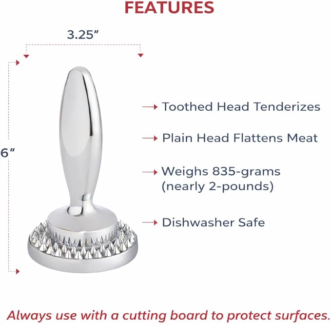 HIC Kitchen Dual Sided Meat Tenderizer Marinating Prep Tool, Chrome-Plated Zinc, 835 Grams, For Flattening Cutlets And Tenderizing Meat