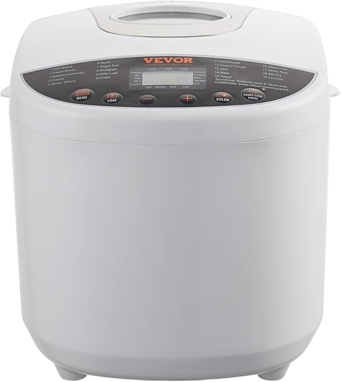 VEVOR Bread Maker, 19-in-1 2LB Dough Machine, Nonstick Ceramic Pan Automatic Breadmaker with Gluten Free Setting, Whole Wheat Bread Making, Digital, Programmable, 3 Loaf Sizes, 3 Crust Colors, White