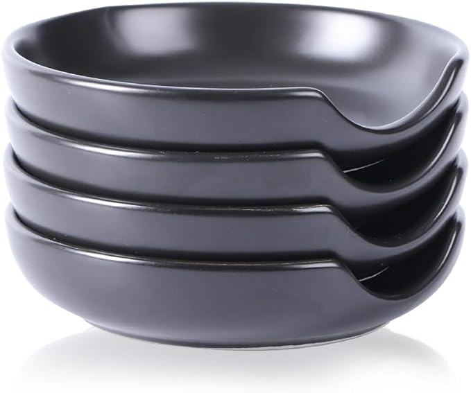 Selamica Ceramic Spoon Rest, 4.8 Inch Spoon Rest for Stove Top, Spoon Holder for Kitchen Counter, Coffee Spoon Holder, Heat-Resistant Cooking Utensil Rest for Ladles Tong, Set of 4, Black