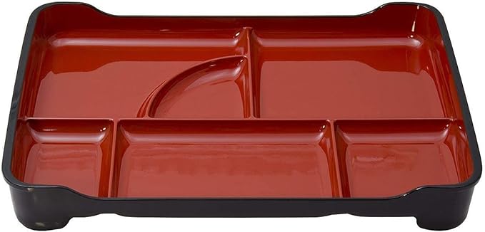JapanBargain Traditional Japanese Bento Box 6-Compartment Lacquered Lunch Plate, Plastic Obento Tray for Restaurant or Home Use, 14"x9.25", Red and Black, Made in Japan