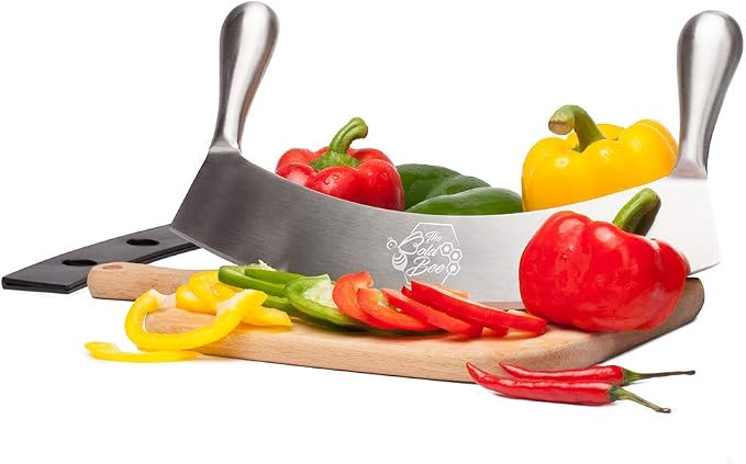 The Bold Bee's Most Popular 12" Mezzaluna Knife & Cover + FREE Stainless Steel Soap Odor Remover Neutralizer | Pizza Cutter | Fruit, Vegetable & Salad Chopper & Dicer | Herb Mincer
