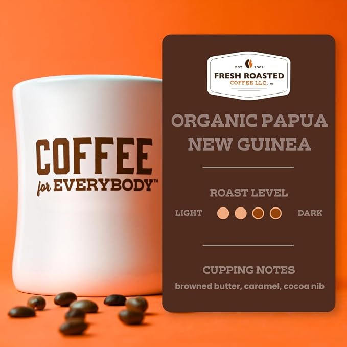 Fresh Roasted Coffee, Organic Papua New Guinea Whole Bean Coffee, Medium Roast, USDA Organic, 100% Single Origin, Kosher, 12 oz