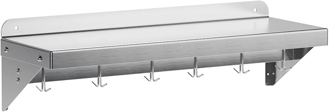 12" x 36" NSF Certified Stainless Steel Wall Mount Shelf - Multifunctional Metal Storage Rack with Backsplash and 6 Hooks