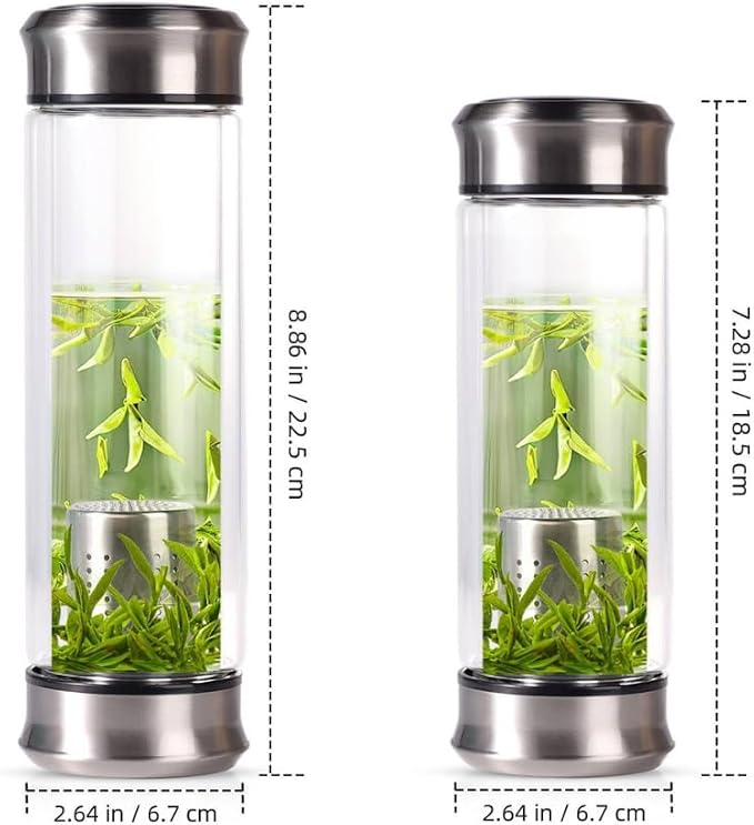 Double Wall Glass Tea Bottle with Infuser - Loose Leaf Tea Steeper, Insulated Cup, Fruit Brewer, Glass Mug With Double Lids - Portable Brewer - Water Infuser Bottle - 13.5 & 10 oz (13.5 oz)