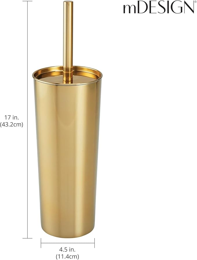 mDesign Modern Compact Freestanding MetalToilet Bowl Brush and Rectangle Open Wastebasket Garbage Can Combo Set for Bathroom Storage - Sturdy, Deep Cleaning - Set of 2 - Brass