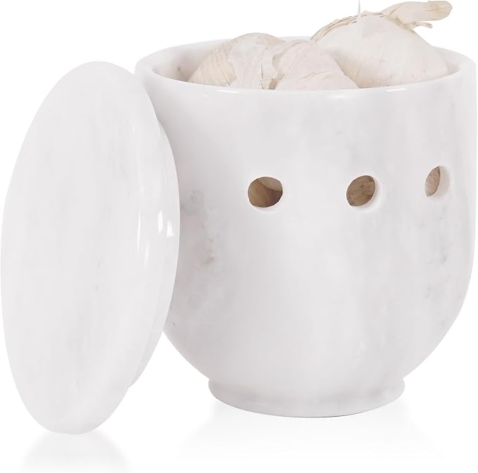 Marble Garlic Keeper for Counter 4.5 Inch White Handmade Garlic Holder for Fresh Garlic Cloves, Storage Container for Gifts, Garlic Saver for Kitchen Countertop Decor