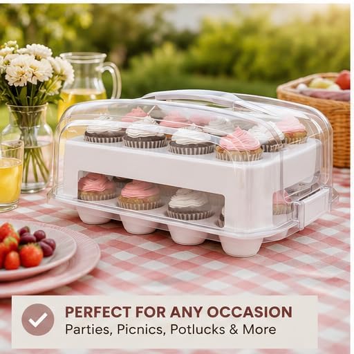 Top Shelf Elements Cupcake Carrier, EXTRA LARGE LID, White Cupcake Holder Carries 24 Standard-Size Cupcakes, Muffin Traveler Two Tier Stand Reusable Cupcake Box