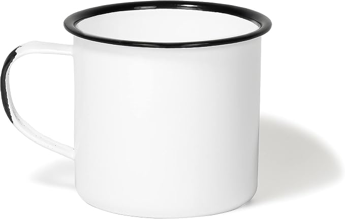 Red Co. Set of 6 Enamelware Metal Medium Classic 12 Oz Round Coffee and Tea Mug with Handle, Distressed White/Black Rim