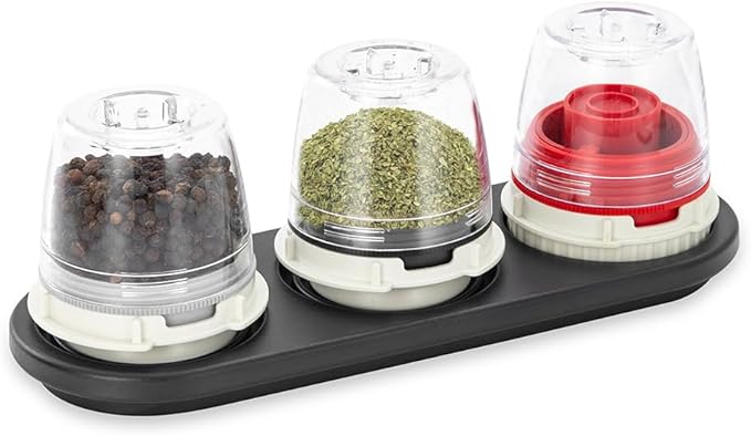 FinaMill Classic Battery-Operated Spice Mill Bundle with Black Trio Stackable Tray – One-Handed Grinder with Interchangeable Pods with Adjustable Coarseness - Valentines Day Gifts for Food Lovers