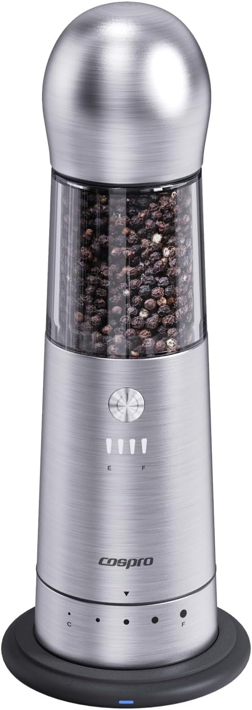 COSPRO Electric Grinder with Qi-Wireless Charging Base | Kitchen Gift | Rechargeable Automatic Spice Mill | Stainless Steel | One Hand Button Use | Adjustable Coarseness | Easy Clean