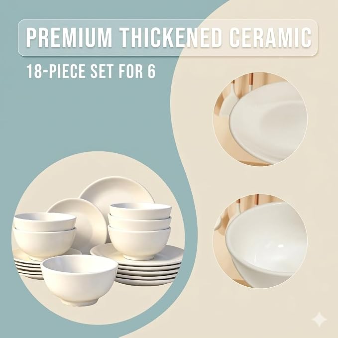 Lumina Porcelain| 18-Piece Fine Porcelain Dinnerware Set, Service for 6 - Professional White Plates & Bowls, Microwave/Oven Safe, Heavy Duty Kitchen Essentials