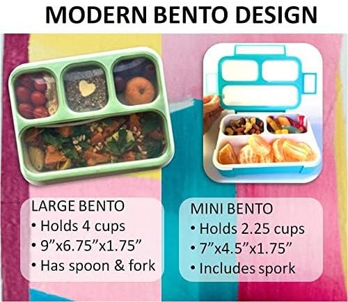 kinsho Bento-Box Lunch and Snack Boxes. Family Pack of 4 Meal Planning Portion Containers for Kids, Women, Adults. BPA Free. Utensils, Blue & Green Set (2 Large + 2 Mini)