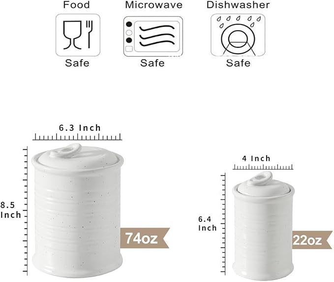Nihow Food Storage Jar,Ceramic Canister Sets for The Kitchen,Set of 2,White | Air Tight Lid,For Flour/Sugar/Rice/Coffee/Cookies/Candy,Kitchen Counter Canister/Dishwasher Safe