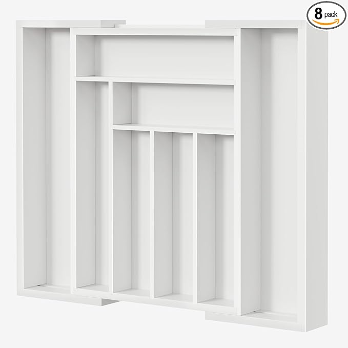 Pipishell Bamboo Expandable Drawer Organizer for Utensils Holder, Adjustable Cutlery Tray, Wood Drawer Dividers Organizer for Silverware, Flatware, Knives in Kitchen, Bedroom, Living Room (White)