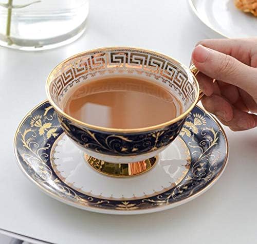 YBK Tech Euro Style Bone China Cup& Saucer Set, Ceramic Tea Coffee Cup for Home Kitchen Wedding (Royal Pattern- Deep Blue)