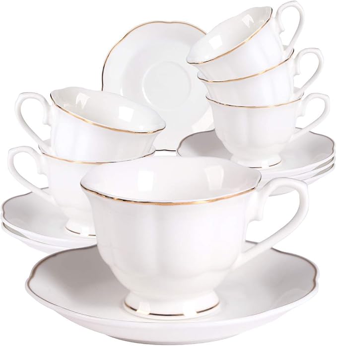 Guangyang 12 pieces Fine Porcelain 2.5oz Cups and Saucers set of 6 Turkish Coffee Cup set for Double Espresso White Color with Gold Trim