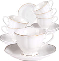 Guangyang 12 pieces Fine Porcelain 2.5oz Cups and Saucers set of 6 Turkish Coffee Cup set for Double Espresso White Color with Gold Trim