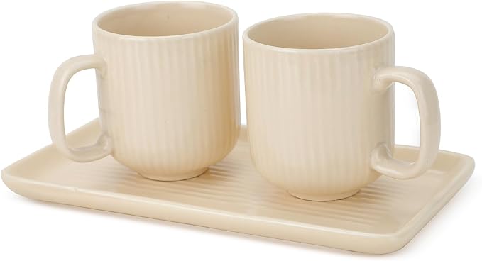 Ceramic Coffee Mugs with Handle Set – 2-Piece 11 Oz Ceramic Coffee Cups & 9" Tray, Handmade Ivory Color, Microwave Safe Gift Set for Tea Lovers, Home Kitchen Décor