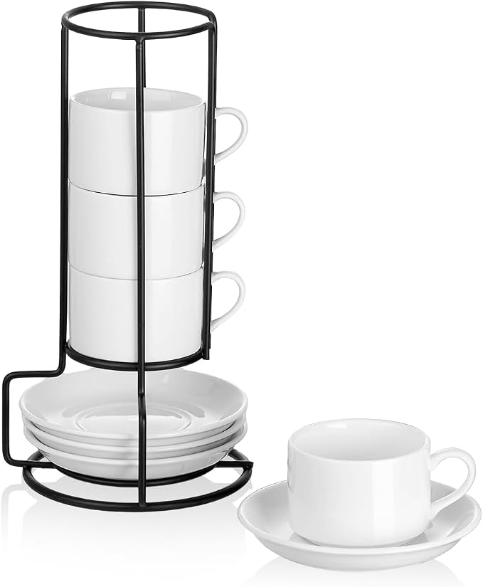 2.5oz Espresso Cups Set of 4, Ceramic Stackable Espresso Cups with Saucers and Metal Stand Set, White Expresso Shots Cup Set