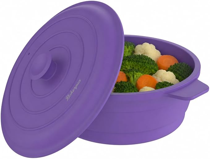 Bakerpan Silicone Microwave Steamer for Vegetables, Air Fryer Pot with Lid, Collapsible Silicone Steamer for Cooking, 64 Fl oz Capacity