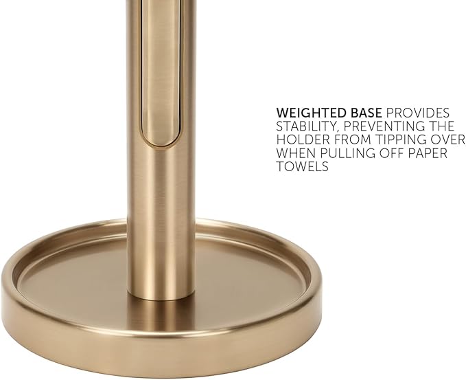 Ivilon Countertop Paper Towel Holder - Weighted Heavy Duty Steel Stand with Non-Slip Base for a Steady One-Handed One Sheet Tear - Fits All Rolls - Warm Gold