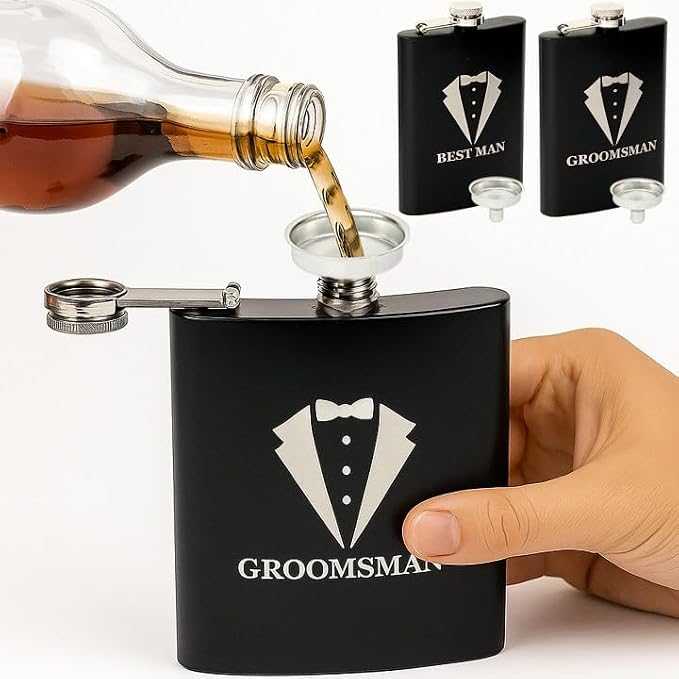 Set 6 Groomsmen Proposal Gifts - Groomsmen Gift Boxes with Leather Bag，Tuxedo Flask, Funnel，Shot Glasse，Poker Card Bottle Openers, Sunglasses, Pen，Bracelet, Card & Gift Bags for Wedding Party （Black）
