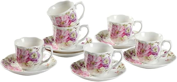 GuangYang 7 oz Porcelain Tea Cups and Saucers Set of 6, Pink Floral Design – Elegant Gift Set for Tea Lovers, Coffee, Cappuccino, Mocha, Weddings, Housewarming & Holidays