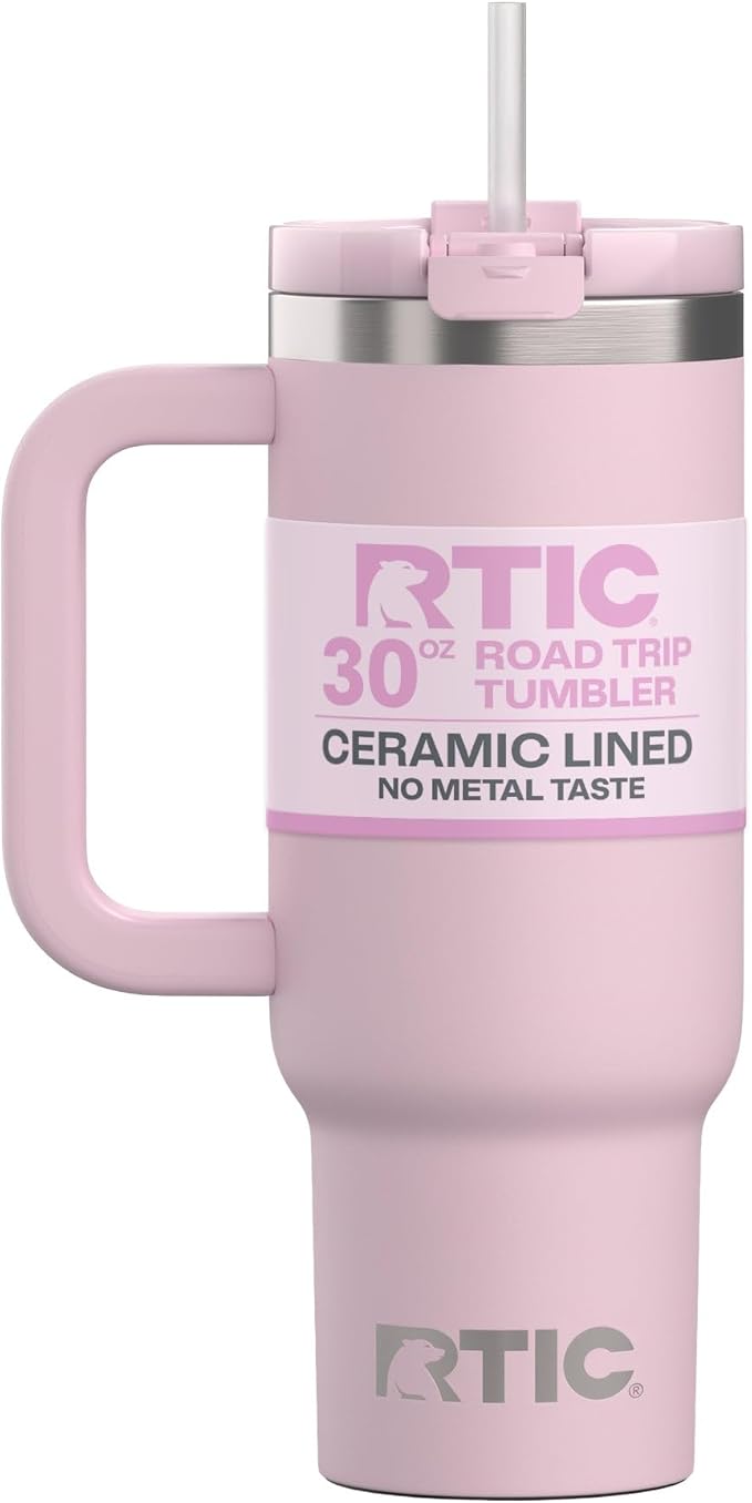 RTIC 30 oz Road Trip Tumbler Double-Walled Ceramic Lined InsulatedStainless Steel Portable Travel Coffee Mug Cup with Lid, Handle and Straw, Pale Pink