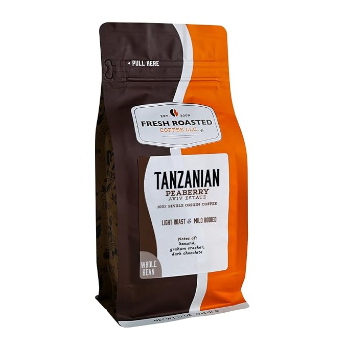 Fresh Roasted Coffee, Tanzanian Peaberry Whole Bean Coffee, Light Roast, Kosher, 12 oz