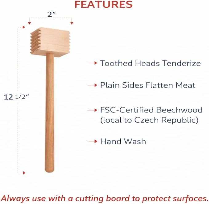 HIC Kitchen Wooden Meat Tenderizer Mallet Marinating Prep Tool, Double Sided, FSC-Certified Beechwood, For Flattening Cutlets And Tenderizing Meat