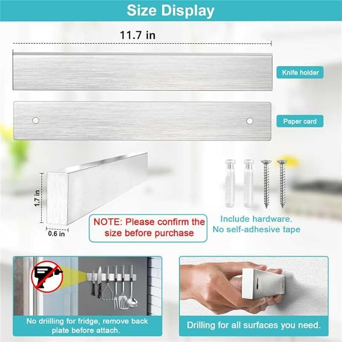 Magnetic Knife Holder for Wall 12 Inch, 17 Inch Magnetic Knife Holder with 4 Hooks, Dual Rod Strong Magnet Knife Bar for Partry Garage Tool Rack