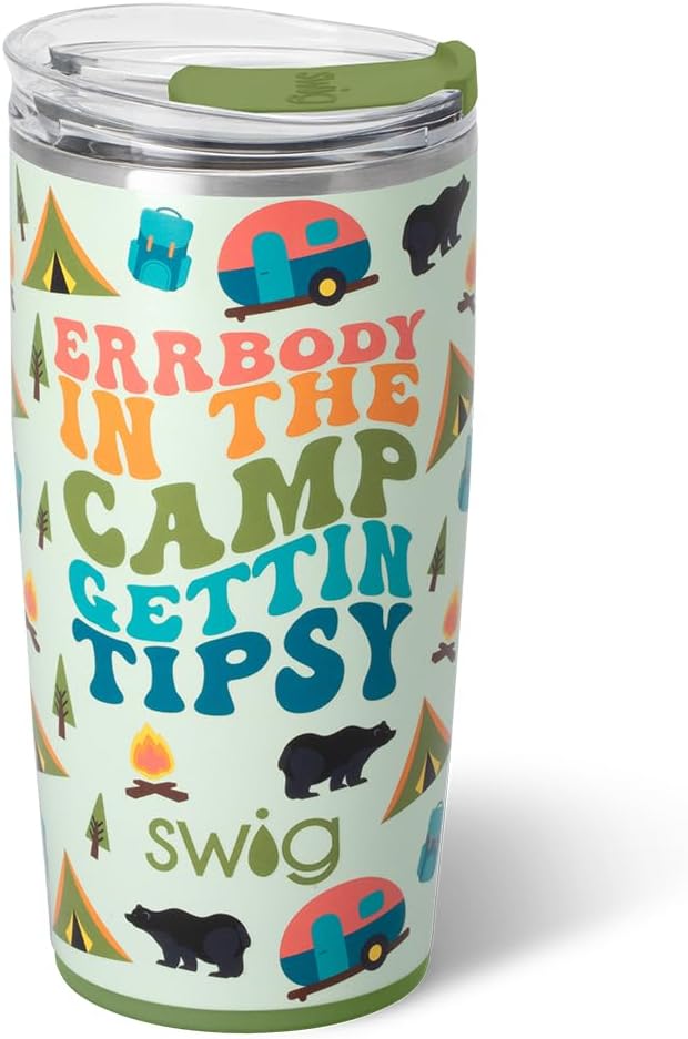 Swig Life 22oz Insulated Tumbler, Travel Coffee Tumbler with Lid, Cup Holder Friendly Travel Coffee Mug, Stainless Steel, 22 oz Tumblers, Reusable Insulated Mug with Lid (Errbody Camp)