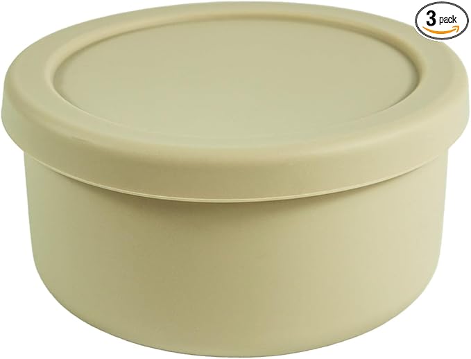 XU&PEIQI 24fl oz (700ml) Silicone Food Storage Containers, Round Bowls with Lids - Kitchen Serving, Salad & Lunch Containers - Airtight, BPA-Free, Microwave, Fridge & Dishwasher Safe (3, Beige)