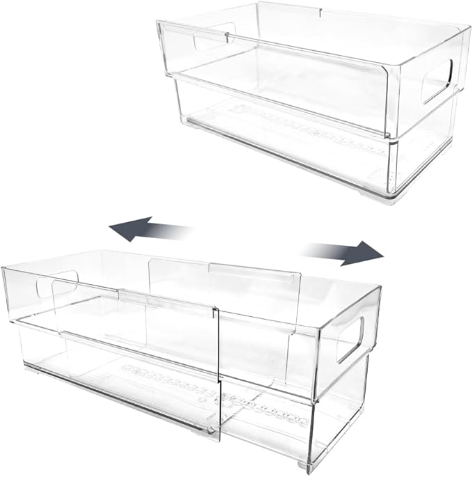 Isaac Jacobs 2-Pack Clear Expandable Storage Bins - Small, 11"-19" L x 5.8" W x 4.8" H, Plastic Organizer with Cut-Out Handles, Adjustable Length from 11-19" for Home, Kitchen & Office