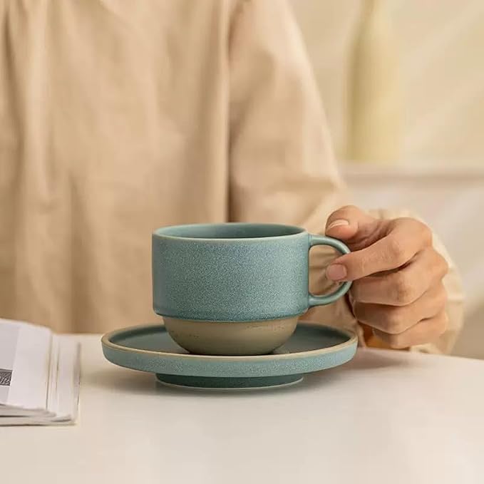 Little minimalist ceramic pottery tea cup with saucer, espresso cup | Matte Light Blue,Durable,Microwave and dishwasher safe, stoneware demitasse cup for lungo,cortado,Matcha, Americano