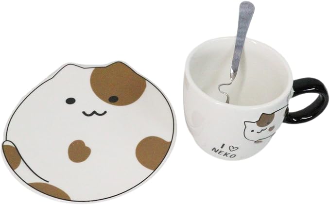 Ebros Pack Of 2 Crazy For Cats Maneki Neko Porcelain Coffee Tea Mug Cup 8oz With Saucer Tray And Notched Spoon Animal Pets Kittens Mugs Cups Kids And Adults Drinkware (Calico Spotted)