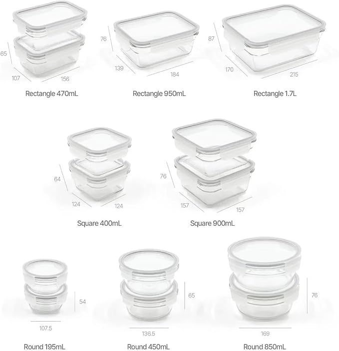 Glasslock Transparent 28 Piece Small Oven and Microwave Safe Glass Food Storage Containers Set for Small Snack and Meals with Removable Lids, Clear