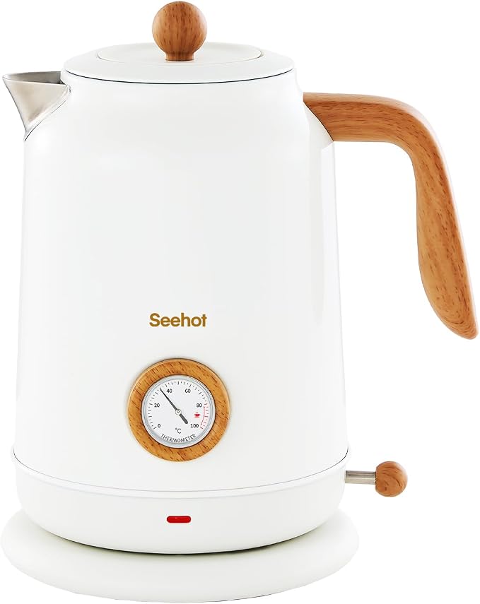 Seehot® Electric Kettle With Thermometer, 1.7L Electric Tea Kettle, 1200W Hot Water Kettle Electric, Auto Shutoff, Boil-Dry Protection, 304 Stainless Steel, Cordless Base, White