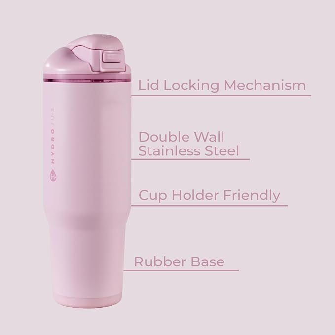 HydroJug Ease2o Water Bottle with Straw & Chug Lid, Stainless Steel, Vented Cap to Help Reduce Pressure, Water-Level Window, Cup Holder Friendly, Non-Slip Base – 32oz, Sweet Pea