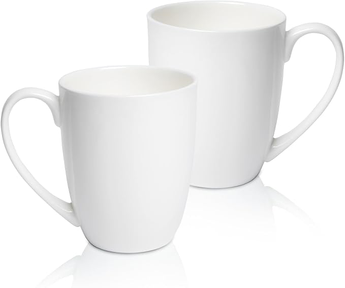 Plain White Fine Bone China Blank Coffee Mugs Set of 2, 11 Oz Tea Cups with Large Handle, Lightweight Ceramic Coffee Mugs, Aesthetic Coffee Cups