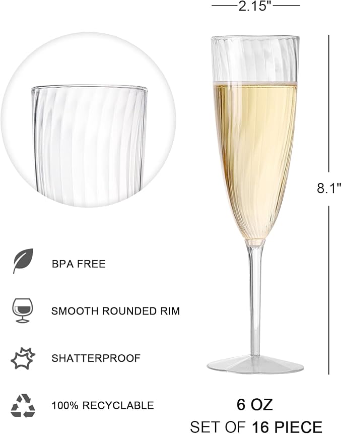 HyHousing 16 Pack Plastic Champagne Flutes, 6 Oz Clear Disposable Champagne Glasses with Long Stem, Elegant Toasting Flutes for Wedding Bridal Shower Brunch Mimosa Bar Party
