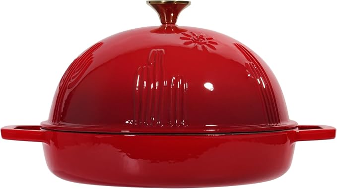 Flavehc Cast Iron Bread Oven With Cloche Lid for Baking - Red Enameled Dutch Oven With Dome Lid for Sourdough - 5 qt