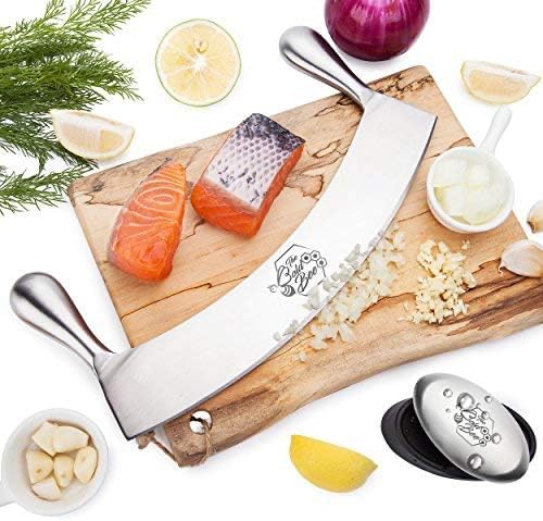 The Bold Bee's Most Popular 12" Mezzaluna Knife & Cover + FREE Stainless Steel Soap Odor Remover Neutralizer | Pizza Cutter | Fruit, Vegetable & Salad Chopper & Dicer | Herb Mincer
